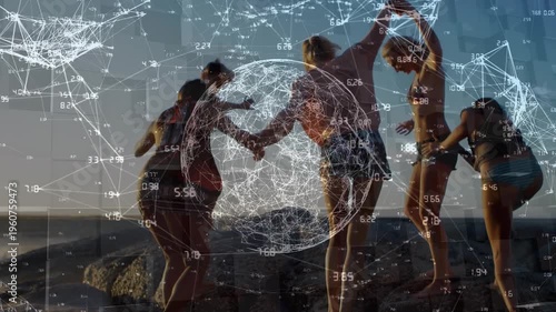 Animation of numbers connecting dots, spinning globe with caucasian friends enjoying at beach