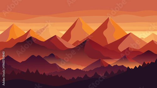 A serene digital illustration featuring a majestic mountain range at a vibrant sunset in orange