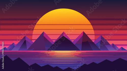 A vibrant digital art illustration featuring a large sunset over a range of purple pyramid mountains