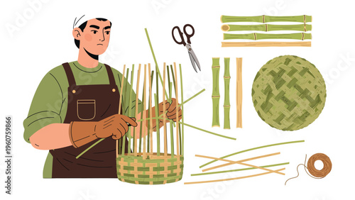 Crafting with Bamboo: A craftsman meticulously weaves bamboo strips into a basket. The image captures the patience, skill, and artistry of a craft.