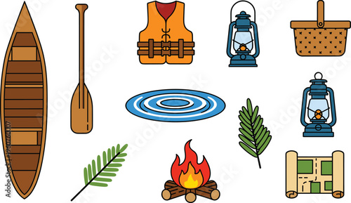 Canoeing and forest camping outdoor adventure icon set