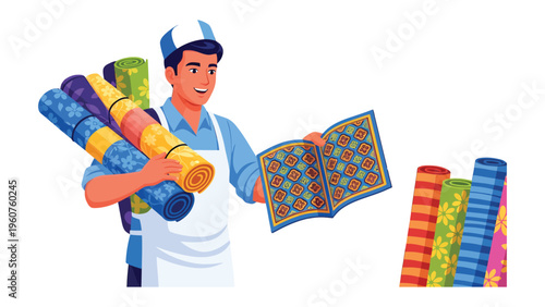 Carpet seller showcase his artwork: An illustration captures the artistry of a carpet seller, proudly displaying his vibrant and intricate designs.