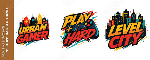 Urban gamer play hard and level city street style graffiti gaming illustrations and logos.