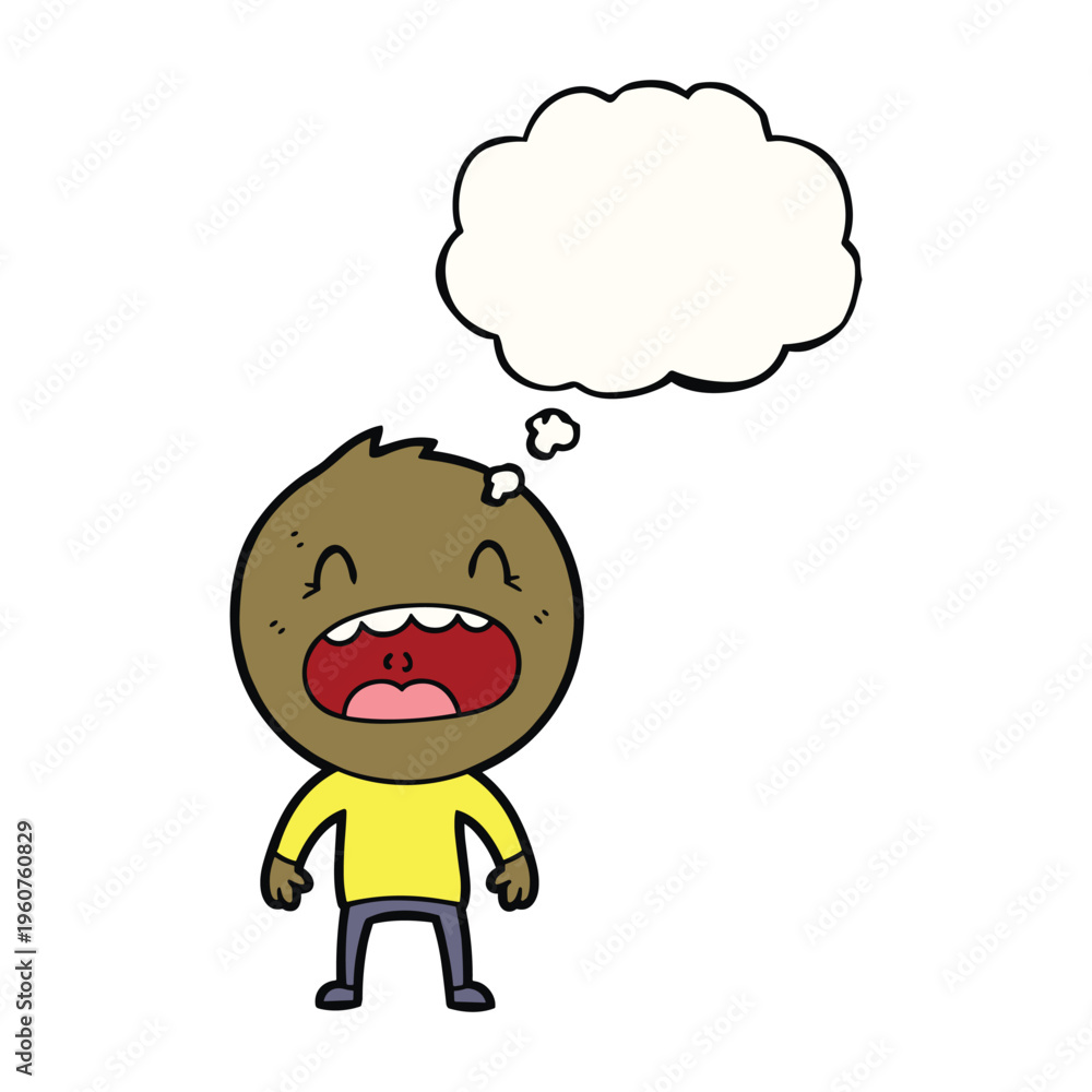 Obraz premium A cartoon drawing of a person with brown skin and a yellow shirt, with a thought bubble above their head, against a white background