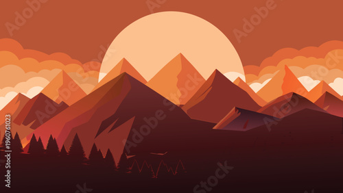 A minimalist flat vector illustration of majestic mountains during a warm golden orange sunset