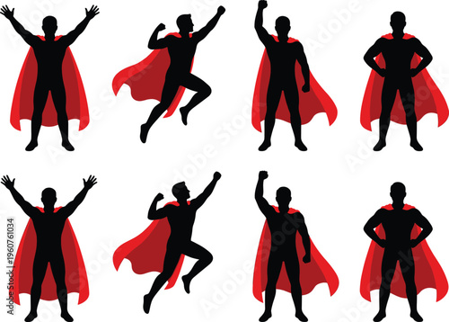 Superhero silhouettes set with flying jumping and standing poses red cape vector illustration collection for comic and hero design