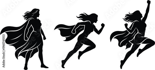 Female superhero silhouettes set with running jumping and standing poses black vector illustration collection for comic and hero design