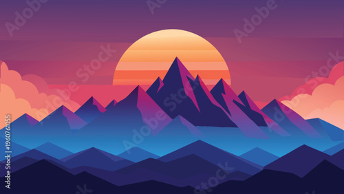 A vibrant digital illustration of jagged mountain peaks silhouetted against a large sunset sky