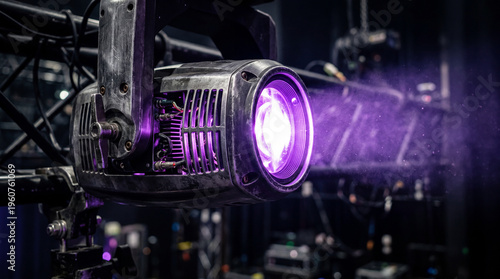 Professional stage lighting equipment with purple beam, industrial theater spotlight on metal truss, concert event production gear in dark studio
