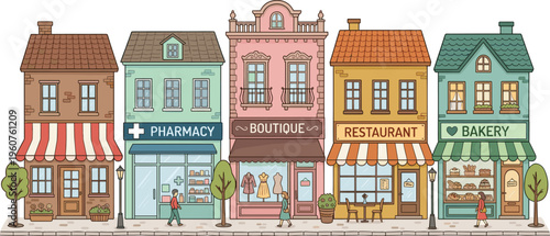 Charming city street with colorful shops pharmacy boutique restaurant and bakery detailed vector illustration for urban landscape and storefront design