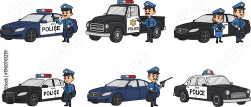 Cartoon Police Officer Vector Set Featuring Various Police Cars, Uniforms, and Action Poses for Law Enforcement and Security Designs