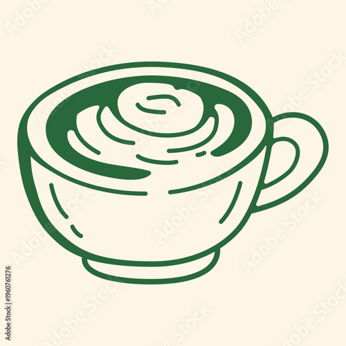 Cappuccino cup. A cup of cappuccino with foam, an illustration in a minimalist style featuring green tones.
