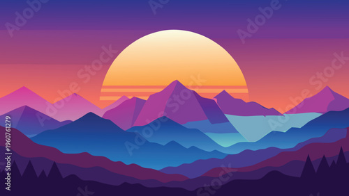 A vibrant digital illustration of layered mountain ranges beneath a large glowing retro sunset