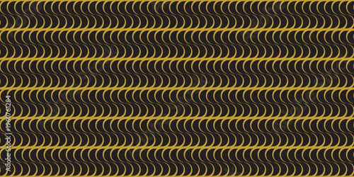 Seamless optical illusion pattern with wavy gold lines on black. Modern hypnotic vector background, ideal for trendy apparel, streetwear, textile prints, posters, and creative digital wallpaper.