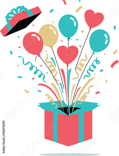 Colorful surprise gift box with floating heart shaped balloons and confetti for birthday or celebration vector design.