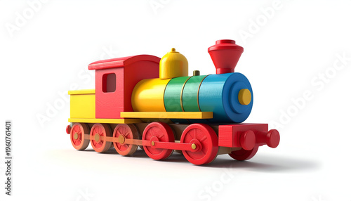Colorful wooden toy train locomotive engine on white background for kids and toddlers