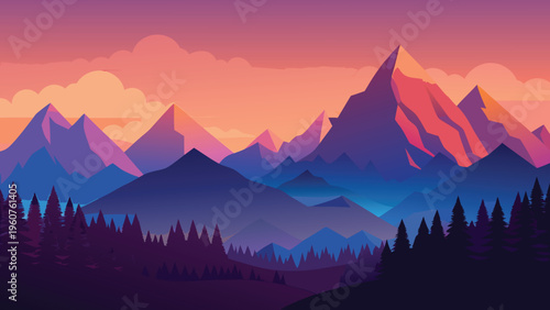 A vibrant digital illustration of a mountain range silhouette set against a golden sunset sky