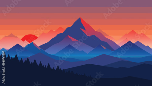 A minimalist flat illustration of a majestic mountain range during a vibrant orange sunset sky