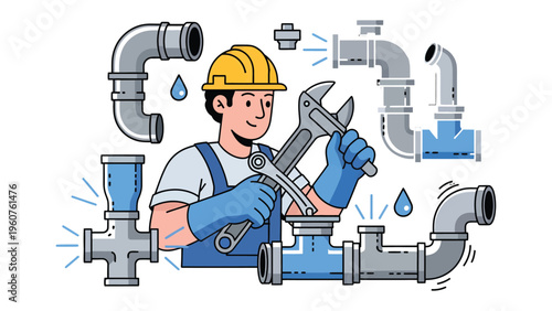 The Plumber's Blueprint: A skilled plumber meticulously works with an array of pipes, demonstrating precision and expertise in their trade, surrounded by the tools of their craft.