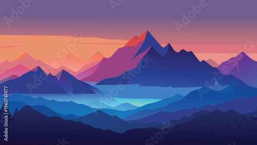 A serene digital illustration of layered mountain ranges under a vibrant and colorful sunset sky