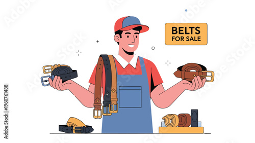 Belt Vendor's Display: A smiling artisan, showcasing a collection of belts in his display. It's a testament to craftsmanship and the timeless appeal of style.