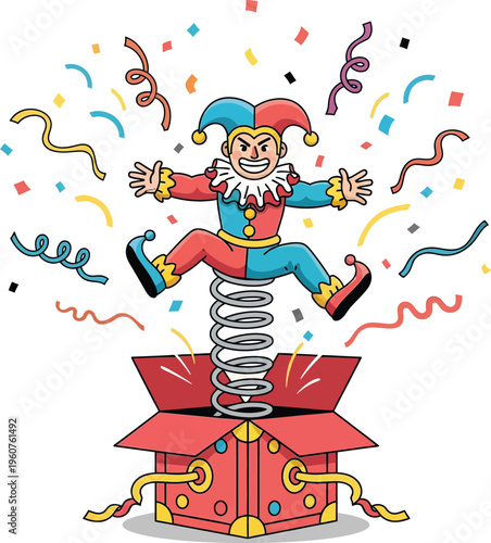 Cartoon jester popping out of a surprise colorful gift box with confetti in a fun playful illustration style vector.