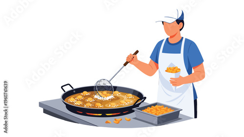 Culinary Craft: A skilled chef expertly prepares golden-fried treats in a bustling kitchen, showcasing the art of culinary expertise.