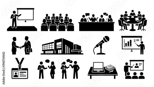 Conference Center Silhouette Icons Set – Business Meeting, Presentation, Networking and Corporate Event Collection