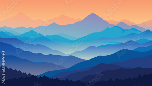A serene panoramic view of layered blue mountain silhouettes against a soft pastel sunset sky