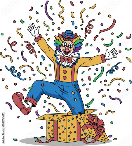 Cartoon clown popping out of a yellow gift box with colorful confetti celebration isolated on white background art.