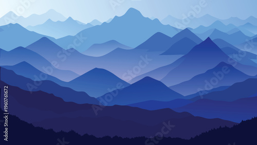 A serene landscape illustration featuring layers of blue mountains fading into the morning mist