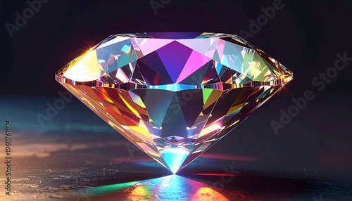 Faceted diamond gemstone with rainbow colors shining on dark surface luxury design