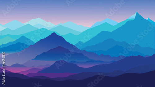 A serene digital illustration featuring layers of majestic mountains under a soft twilight sky