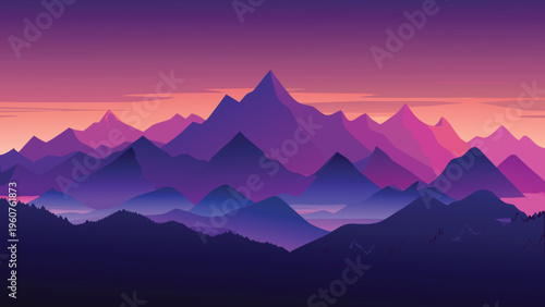 A minimalist digital illustration of layered mountain ranges at sunset in shades of purple and pink
