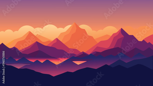 A vibrant digital illustration of layered mountain ranges under a warm sunset sky with soft clouds