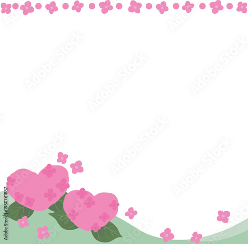 ハート型紫陽花の正方形フレーム ベクター（ピンク・かわいい・背景透過）梅雨・母の日・ガーリー装飾素材