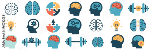 Vector icons for mental exercise and brain health – Ideal for memory training, school materials, or health tech.