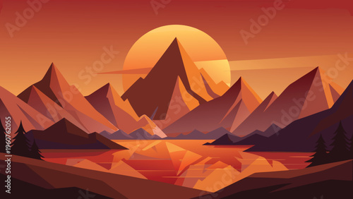 A serene flat vector illustration of majestic mountains reflecting over a calm lake at sunset time