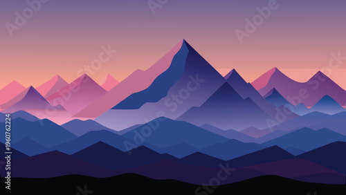 A serene minimalist landscape illustration featuring majestic mountain ranges at a sunset horizon
