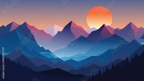 A serene digital landscape featuring layered mountain ranges at sunset in a vibrant minimalist style