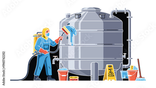 Tank Cleaning Specialist: A worker wearing protective gear cleans a large tank with specialized equipment, highlighting industrial hygiene and safety measures in a sanitation setting.