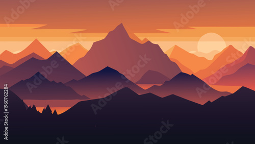 A minimalist vector illustration featuring layered mountain ranges at a warm orange sunset hour
