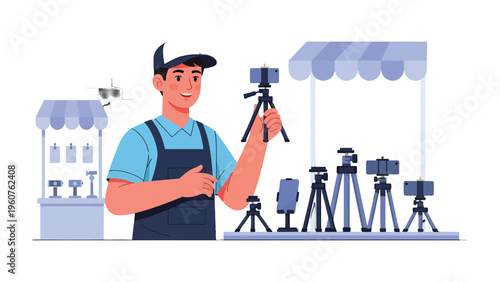 Tripod Vendor Demonstrates a Versatile Accessory for Photo and Video Capture: A vendor, demonstrating a variety of tripods, perfect for capturing photos and videos.