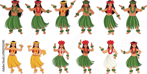 Hula Dance Performer Vector Set Featuring Floral Leis, Grass Skirts, and Dance Poses for Hawaiian, Festival, and Cultural Designs