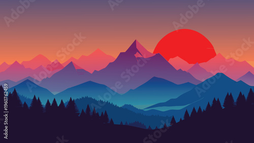 A vibrant digital illustration of a majestic mountain range beneath a large red sunset horizon