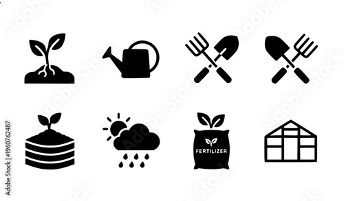 Gardening glyph icons black and white set with plant growth soil tools and weather symbols