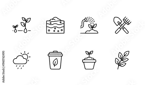 Gardening outline icons set with plant growth soil nourishment weather and cultivation tools