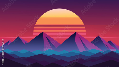 A vibrant digital illustration of a retro synthwave sunset behind a range of geometric mountains