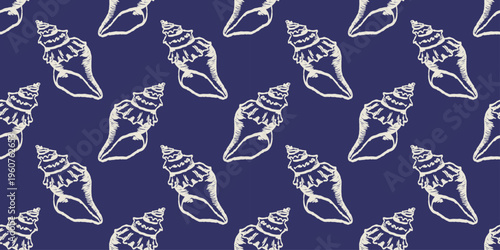 Seamless Mediterranean conch shell pattern with elegant white line illustrations on blue background. Coastal marine texture ideal for nautical, seaside, summer, beach and ocean themes.