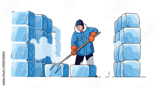 Ice Harvester at Work: A worker meticulously tends to a harvest of ice blocks, bundling the frozen resource with practiced efficiency, amidst a scene of pristine cold.